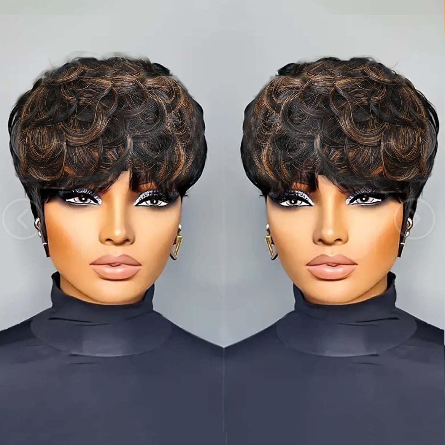 Yviann Pixie Cut Wig Human Hair Short Hair Wigs Pixie Curly Hair Wigs for Women 100% Short Human Hair Wig with Bangs Glueless None Lace Wig Daily Wear with F1B/27