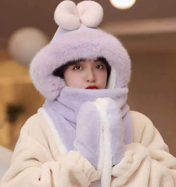 Integrated Plush Insulation Winter Hat and Scarf Set