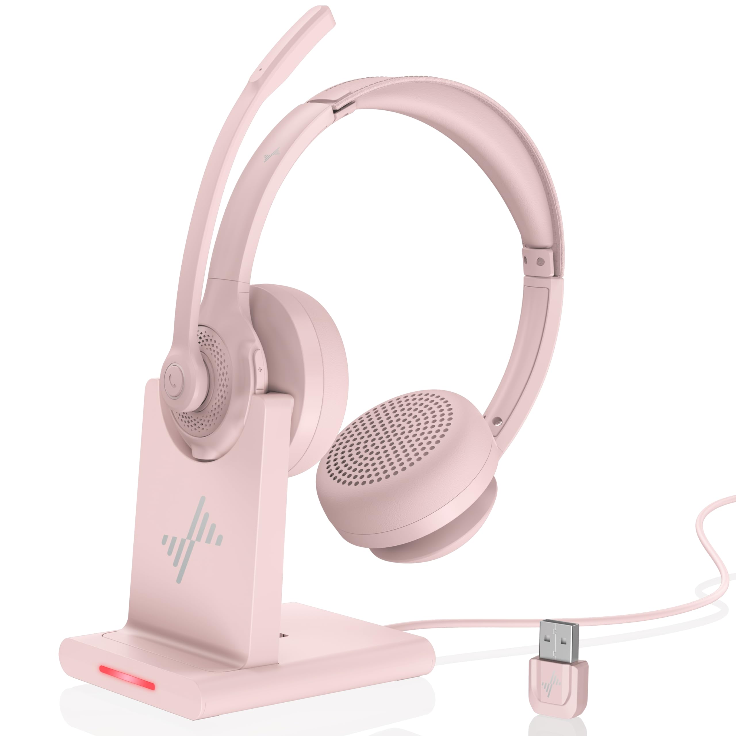 Wireless Headset with AI Noise Cancelling Microphone Bluetooth Headset - Bluetooth V5.2 Headphones with USB Dongle Charging Base & Mic Mute for Computer/Laptop/PC/iPhone/Android/Cell Phones (Pink)