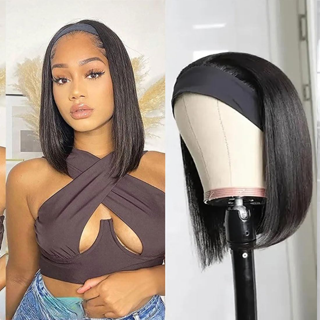 Annora Headband Bob Wig Human Hair Short Straight Headband Bob Wigs Human Hair for Black Women Wear and Go Glueles Wigs 150% Density None Front Lace Brazilian Virgin Human Hair 8 Inch