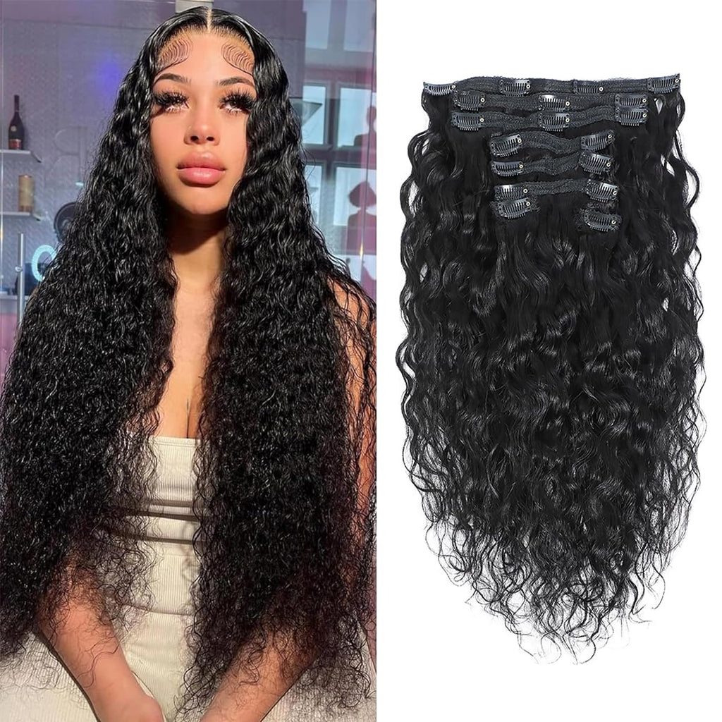 Water Wave Clip in Hair Extensions Real Human Hair Brazilian Virgin Human Hair Clip in Extensions for Women 8Pcs Remy Hair with 18Clips 120g 20inch Natural Black