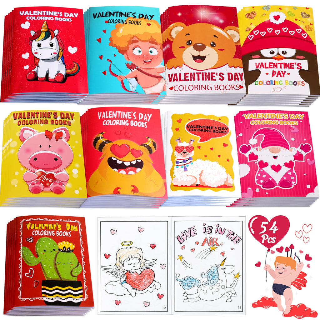 90shine 54PCS Valentines Day Coloring Books for Kids Bulk - Valentines Classroom School Party Favors Gifts Holiday Class Activity Supplies