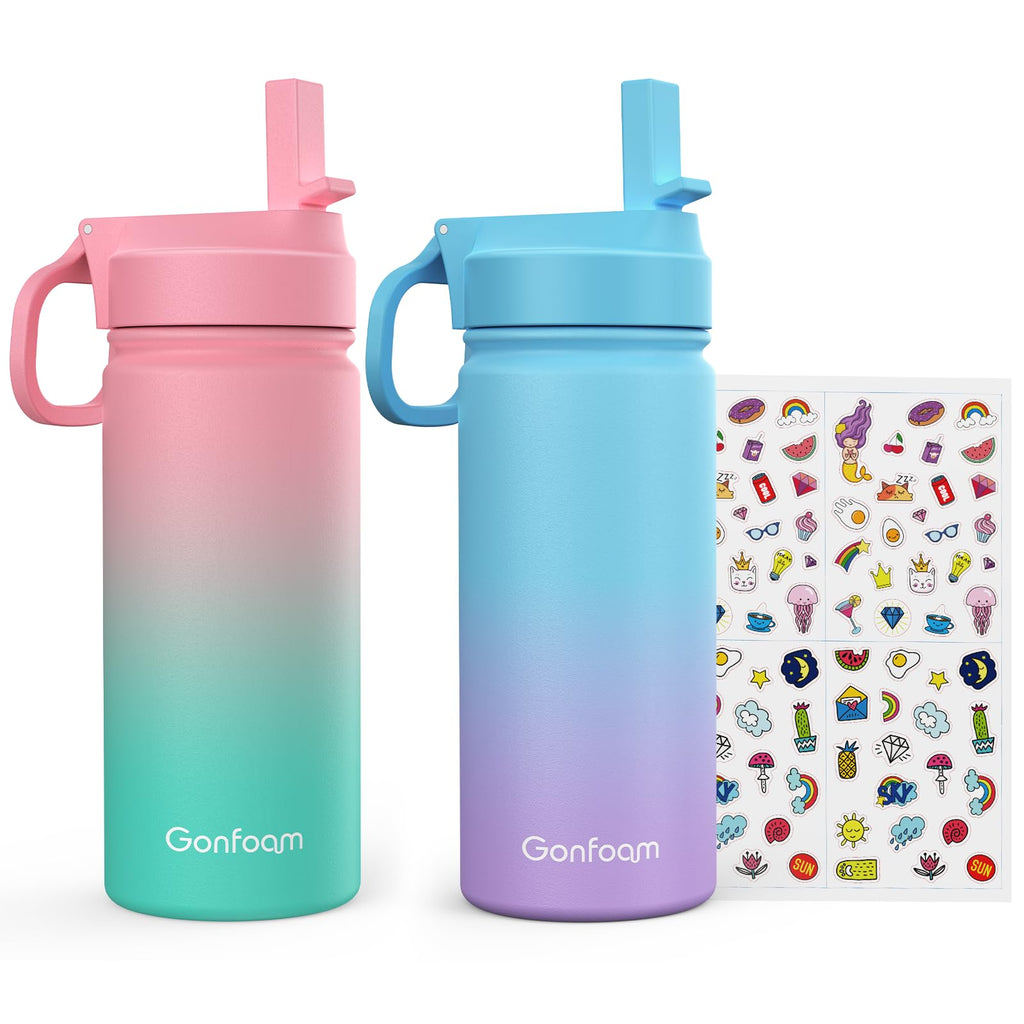Kids Water Bottle 2-Pack 16oz Kids Water Bottle with Stickers for School insulated Stainless Steel Straw Cup(Pink+Blue)