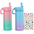 Kids Water Bottle 2-Pack 16oz Kids Water Bottle with Stickers for School insulated Stainless Steel Straw Cup(Pink+Blue)
