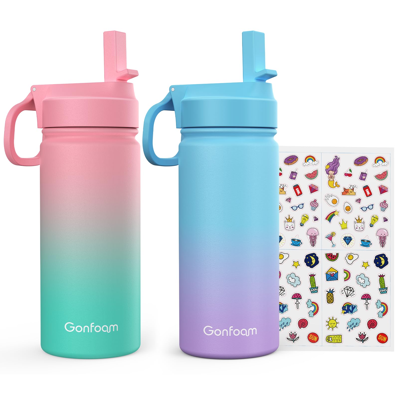 Kids Water Bottle 2-Pack 16oz Kids Water Bottle with Stickers for School insulated Stainless Steel Straw Cup(Pink+Blue)