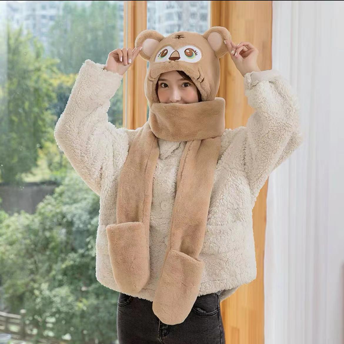 Integrated Plush Insulation Winter Hat and Scarf Set