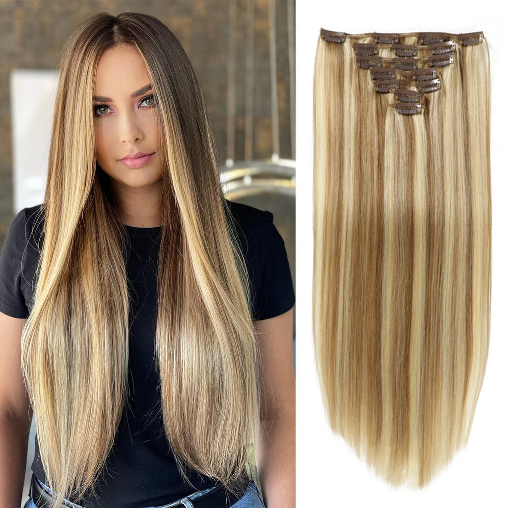Highlight Clip in Hair Extensions Real Human Hair Straight 18 Inch Medium Brown Blonde 7pcs 120g Clip ins Hair Extensions Brazilian Remy Human Hair 16 Clips Double Weft Human Hair For Women