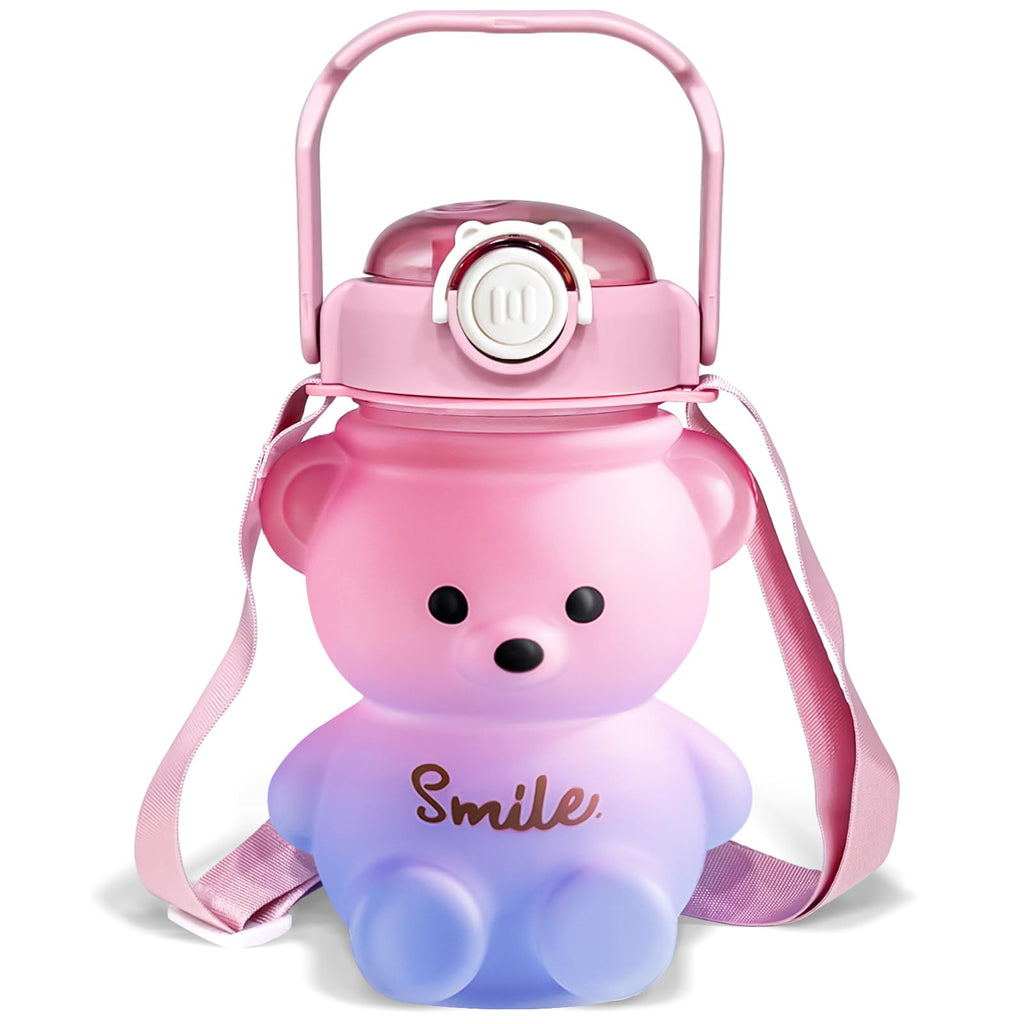 CLWVPCOT Bear Water Bottle 32oz Cute Water Bottles for Girls Kids Water Bottle with Straw and Strap Kawaii Teddy Bear Water Bottle Cute Drinking Cups Leak-proof Water Bottles for School (Pink)