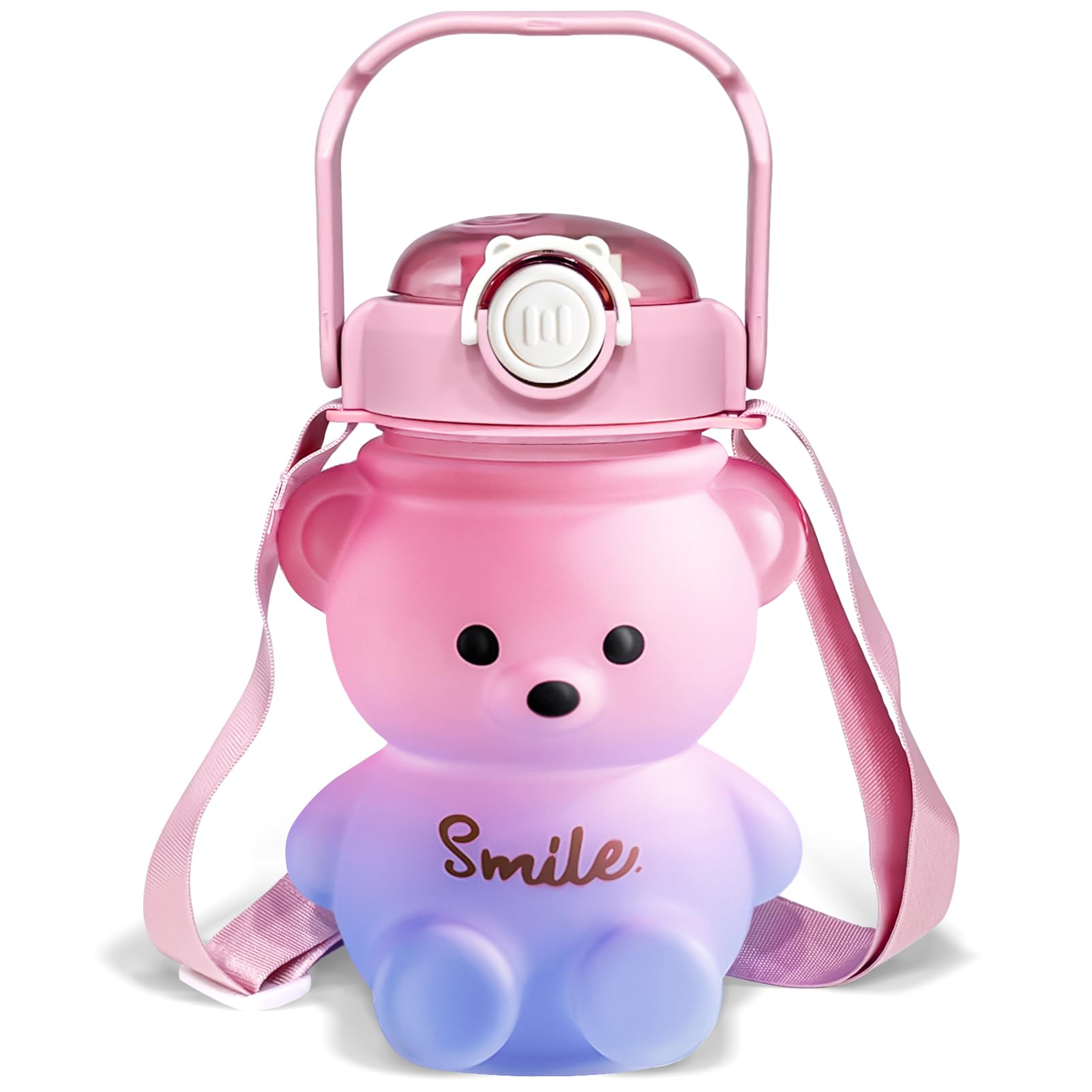 CLWVPCOT Bear Water Bottle 32oz Cute Water Bottles for Girls Kids Water Bottle with Straw and Strap Kawaii Teddy Bear Water Bottle Cute Drinking Cups Leak-proof Water Bottles for School (Pink)