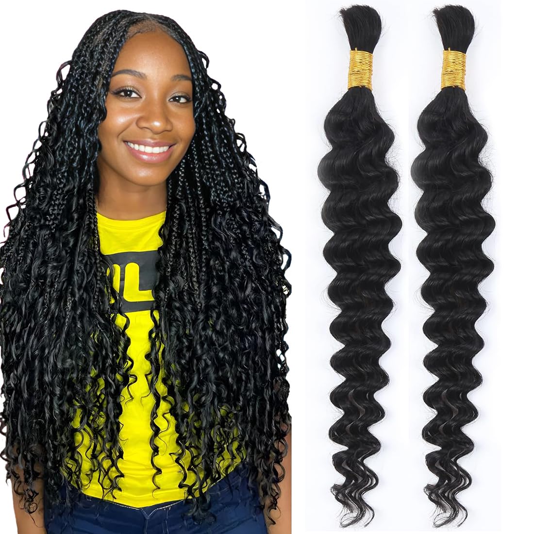 Human Hair for boho Braids 20 Inch 2 Bundles Deep Wave Bulk Human Braiding Hair 10A Brazilian Virgin Human Hair Extensions for Boho Braids Wet and Wavy Human Braiding Hair Black