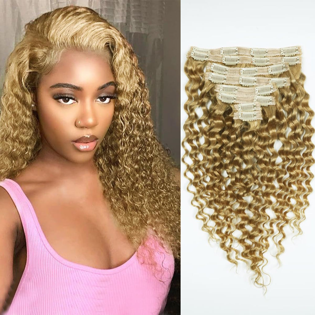Clip in Hair Extensions Real Human Hair 20 Inch Remy Human Hair Extensions for Women Double Weft Seamless Clip ins Brazilian Deep Wave Curly Human Hair Extensions 8Pcs 120g 20 Clips Honey Blonde
