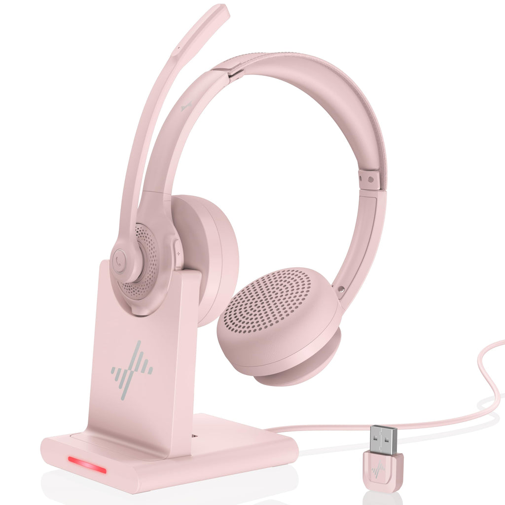 Wireless Headset with AI Noise Cancelling Microphone Bluetooth Headset - Bluetooth V5.2 Headphones with USB Dongle Charging Base & Mic Mute for Computer/Laptop/PC/iPhone/Android/Cell Phones (Pink)