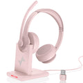 Wireless Headset with AI Noise Cancelling Microphone Bluetooth Headset - Bluetooth V5.2 Headphones with USB Dongle Charging Base & Mic Mute for Computer/Laptop/PC/iPhone/Android/Cell Phones (Pink)