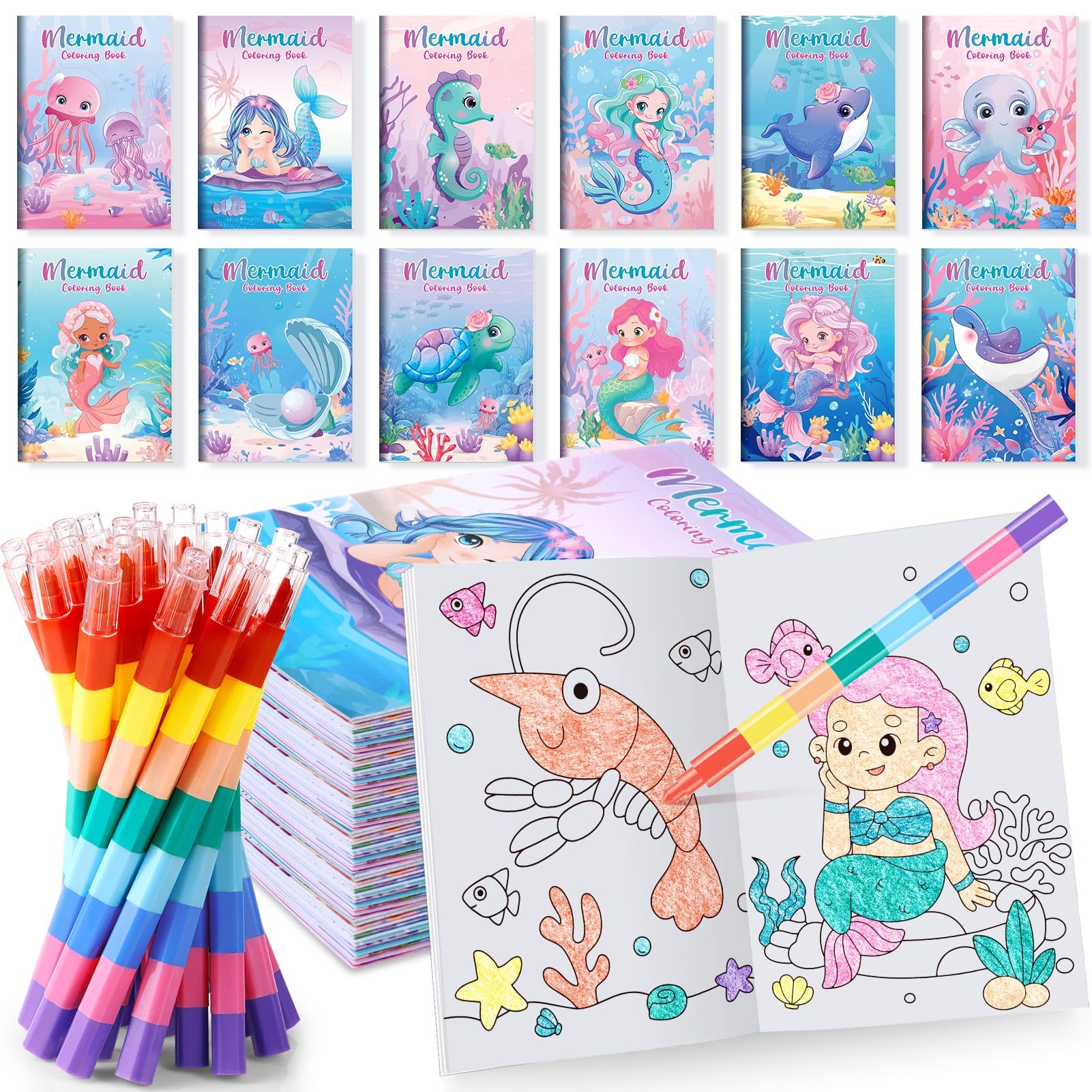 BenLouis 12 Mermaid Mini Coloring Books Kids with 12 Stacking Crayons Little Mermaid Theme Party Favors Small Activity Books Bulk for Kids Mermaid Ocean Birthday Party Gift Goodie Bag Stuffers