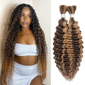 Human Braiding Hair Ombre 2 Bundle 100g 22 Inch Deep Wave Bulk Human Hair for Braiding 10A Brazilian Curly Human Hair Extensions for Boho Braids 4/27 Honey Blonde Wet and Wavy Human Hair Braiding Hair