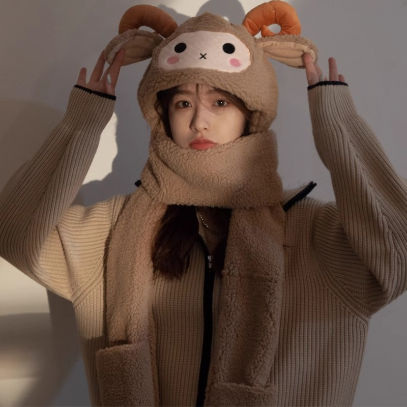 Integrated Plush Insulation Winter Hat and Scarf Set