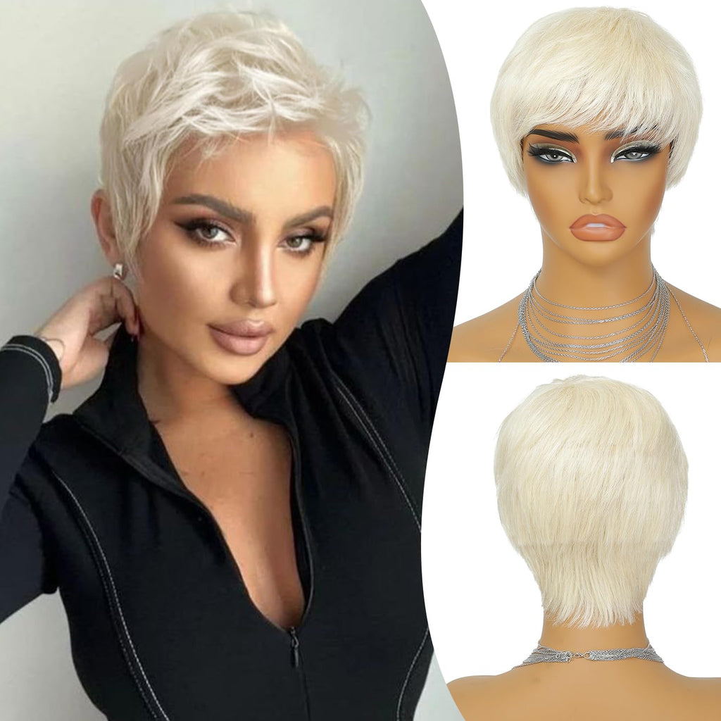 YKHJH Pixie Cut Wig Human Hair Short Platinum Blonde Wig Human Hair for Black Women Layered Wigs with Bangs Blonde Pixie Cut Wig 60 Color Human Hair Wig for Daily Use (60#)