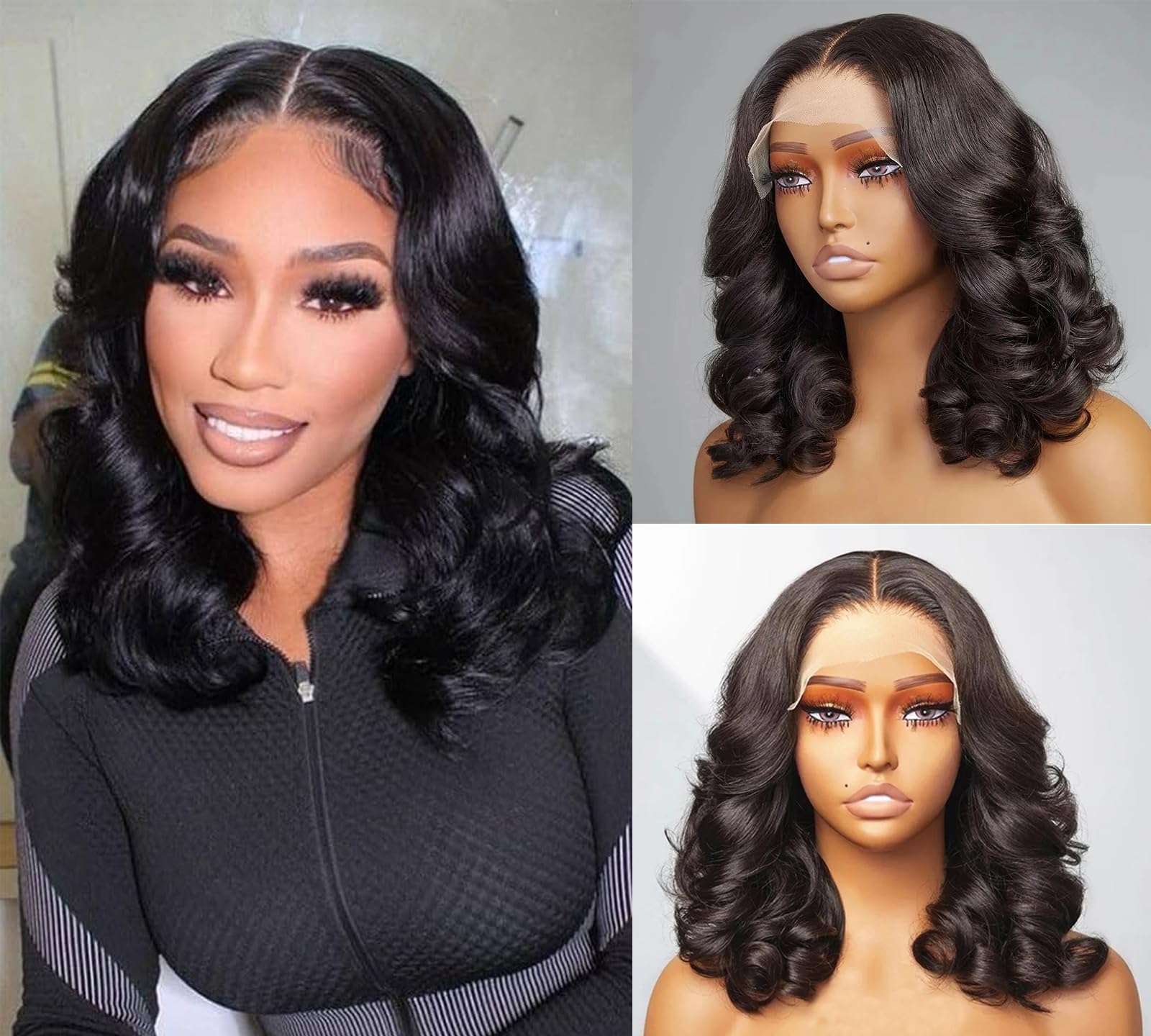 LESLY Wave Bob Wigs Human hair 13x1 Lace front Wigs Human hair Wig Black Female Human hair Lace Closed Wig Brazilian Virgin hair Natural black 16 inches (full and soft)