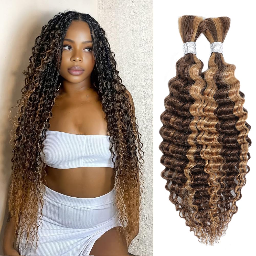 Human Braiding Hair Ombre 2 Bundle 100g 22 Inch Deep Wave Bulk Human Hair for Braiding 10A Brazilian Curly Human Hair Extensions for Boho Braids 4/27 Honey Blonde Wet and Wavy Human Hair Braiding Hair