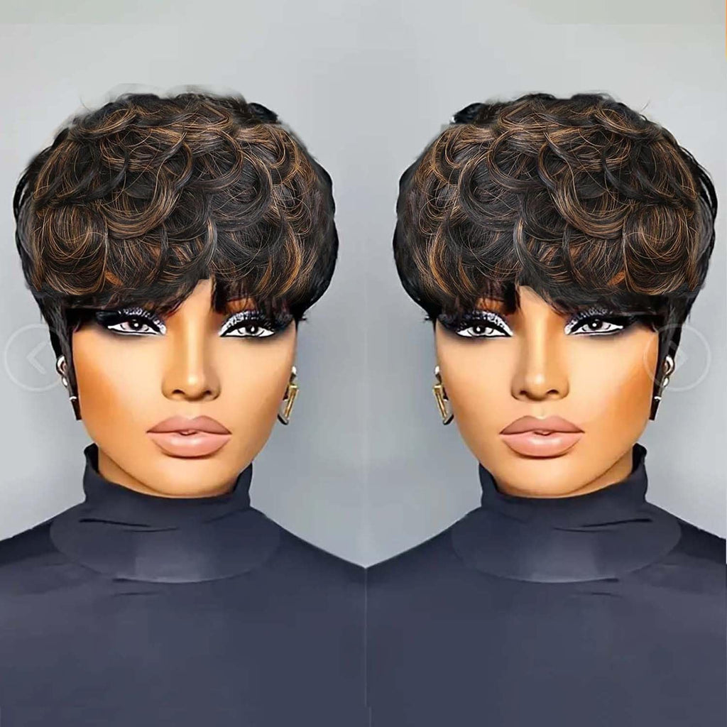 Yviann Pixie Cut Wig Human Hair Short Hair Wigs Pixie Curly Hair Wigs for Women 100% Short Human Hair Wig with Bangs Glueless None Lace Wig Daily Wear with F1B/27