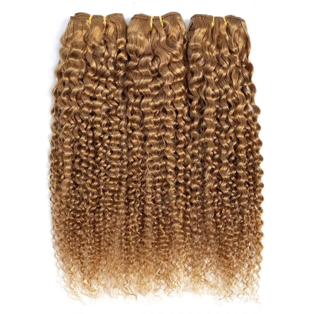 FEELME Honey Blonde Brazilian Hair Kinky Curly Bundles Color 27 Curly Human Hair Bundles Unprocessed Virgin Brazilian Curly Hair Bundles 100% Human Hair Extensions 3 Bundles 10 12 14