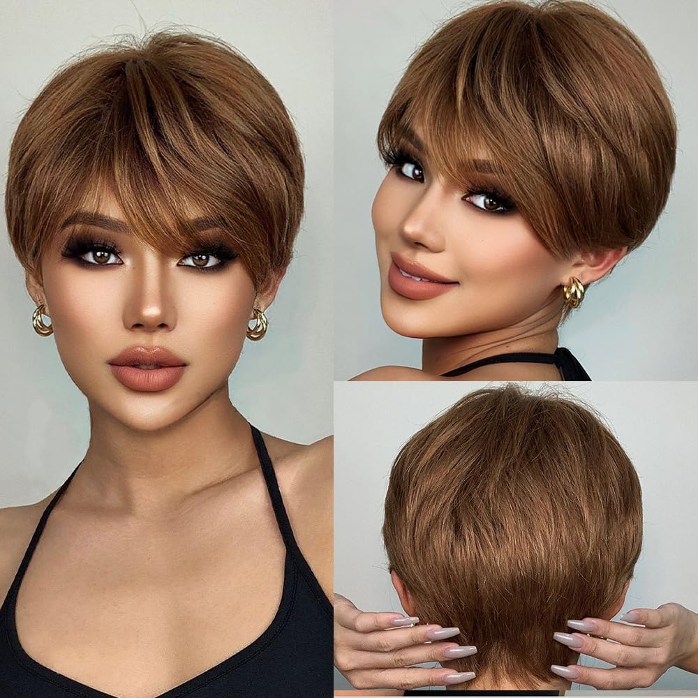 Rebecca Fashion Pixie Cut Wigs for Black Women Short Straight Human Hair Wigs 100% Brazilian Remy Hair Ombre Brown Color