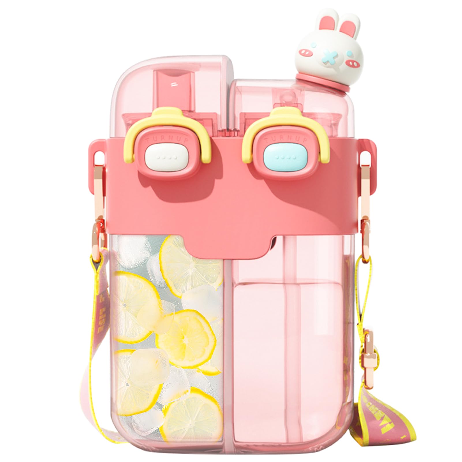 Cute Water Bottle for Kids: 26oz Kawaii Water Bottle for Girls Funny Bear Water Bottles with Straw and Strap Dual Compartments Leak-proof Plastic Drinking Cup for School Sport Travel (Pink)