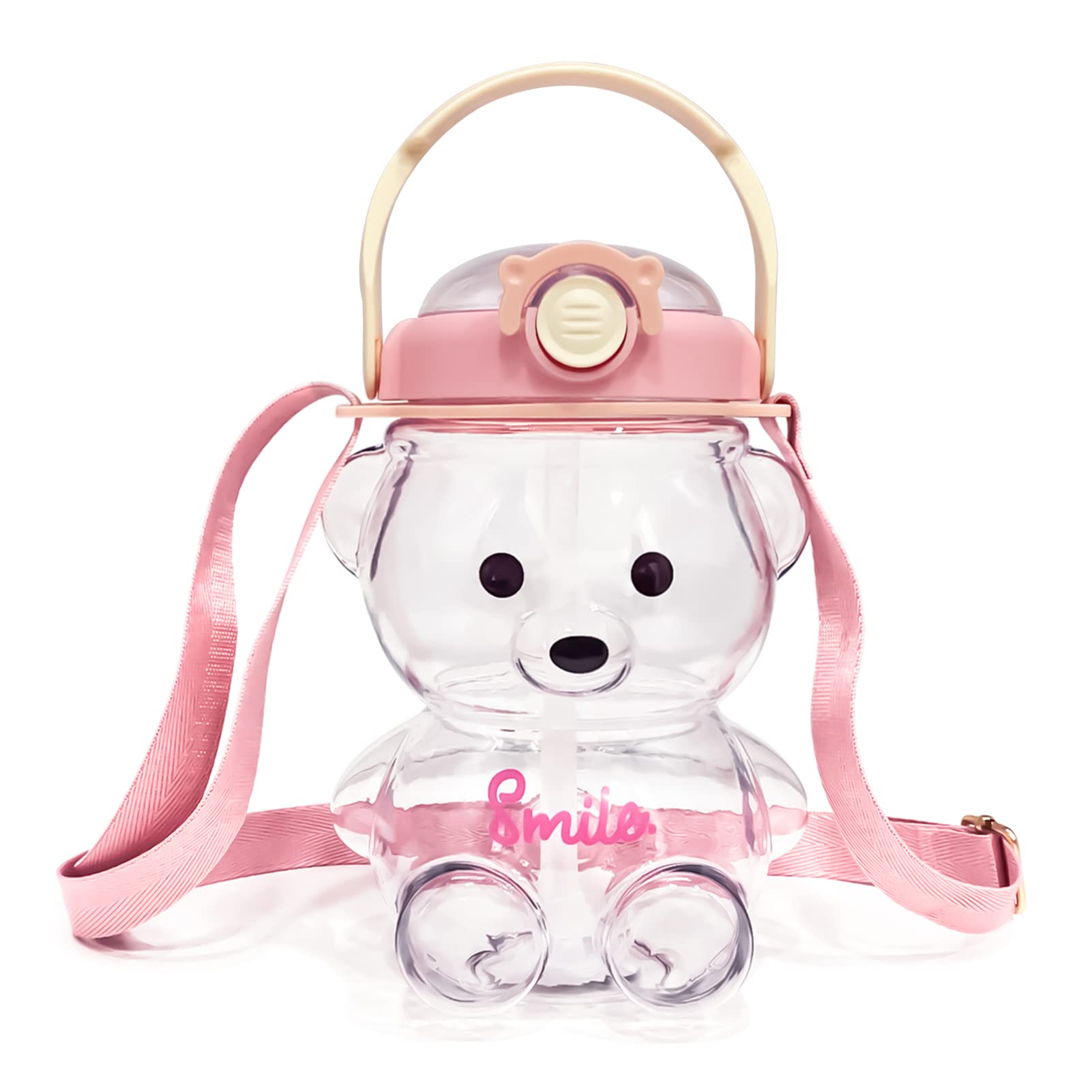 UPZAI Cute Bear Water Bottle: 32oz Kawaii Kids Water Bottles with Strap and Straw - Leak-proof Plastic Drinking Cups for Girls Women School Sports Camping Picnic Hiking Travel (Pink)